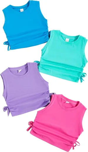 Milumia Girl's 4 Pack Dance Tops Ruched Knot Side Solid Round Neck Crop Tank Tops