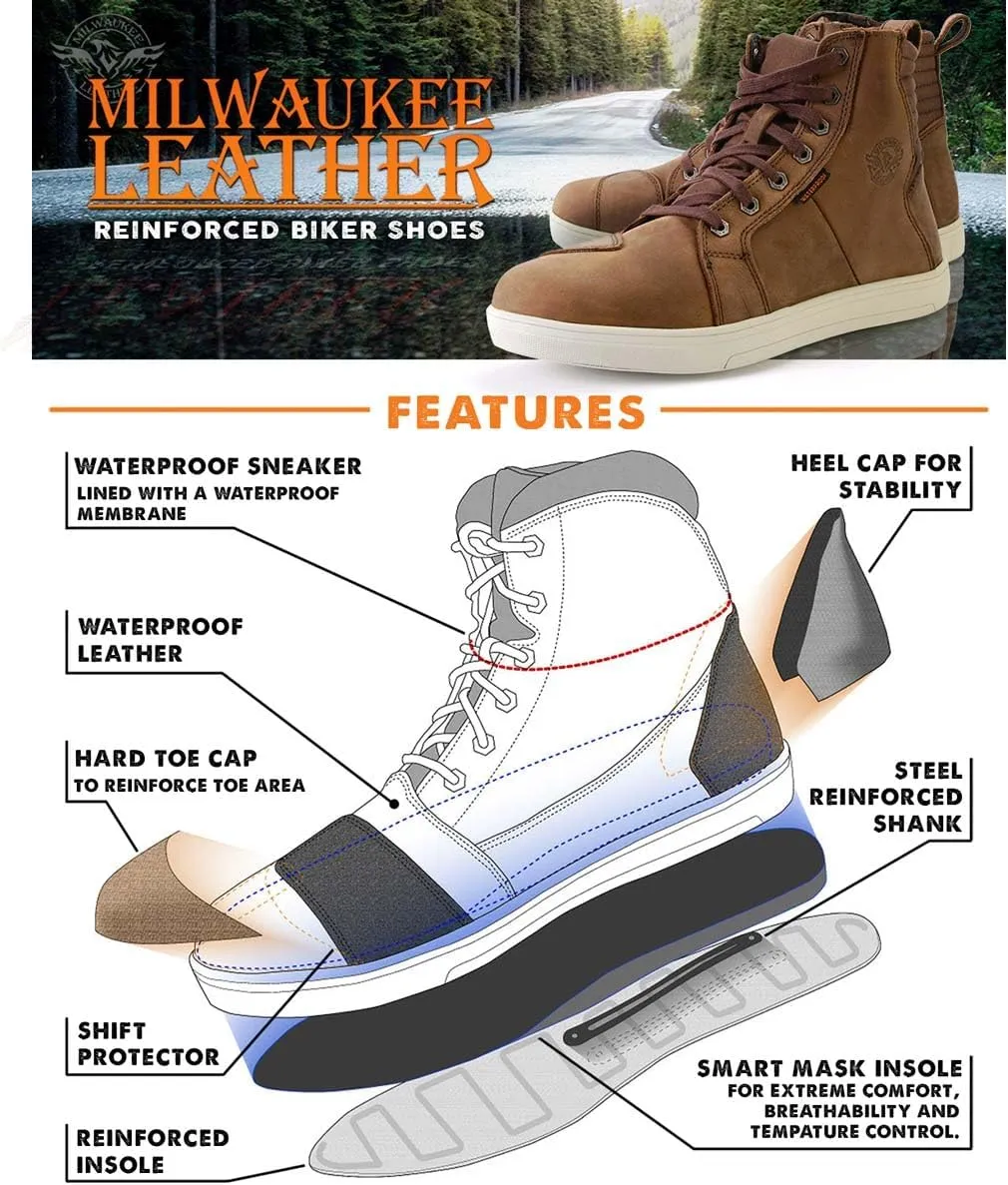 Milwaukee Leather MBM9113 Men's Brown Waterproof Leather Motorcycle Reinforced Riding Shoes w/Ankle Support - 10.5