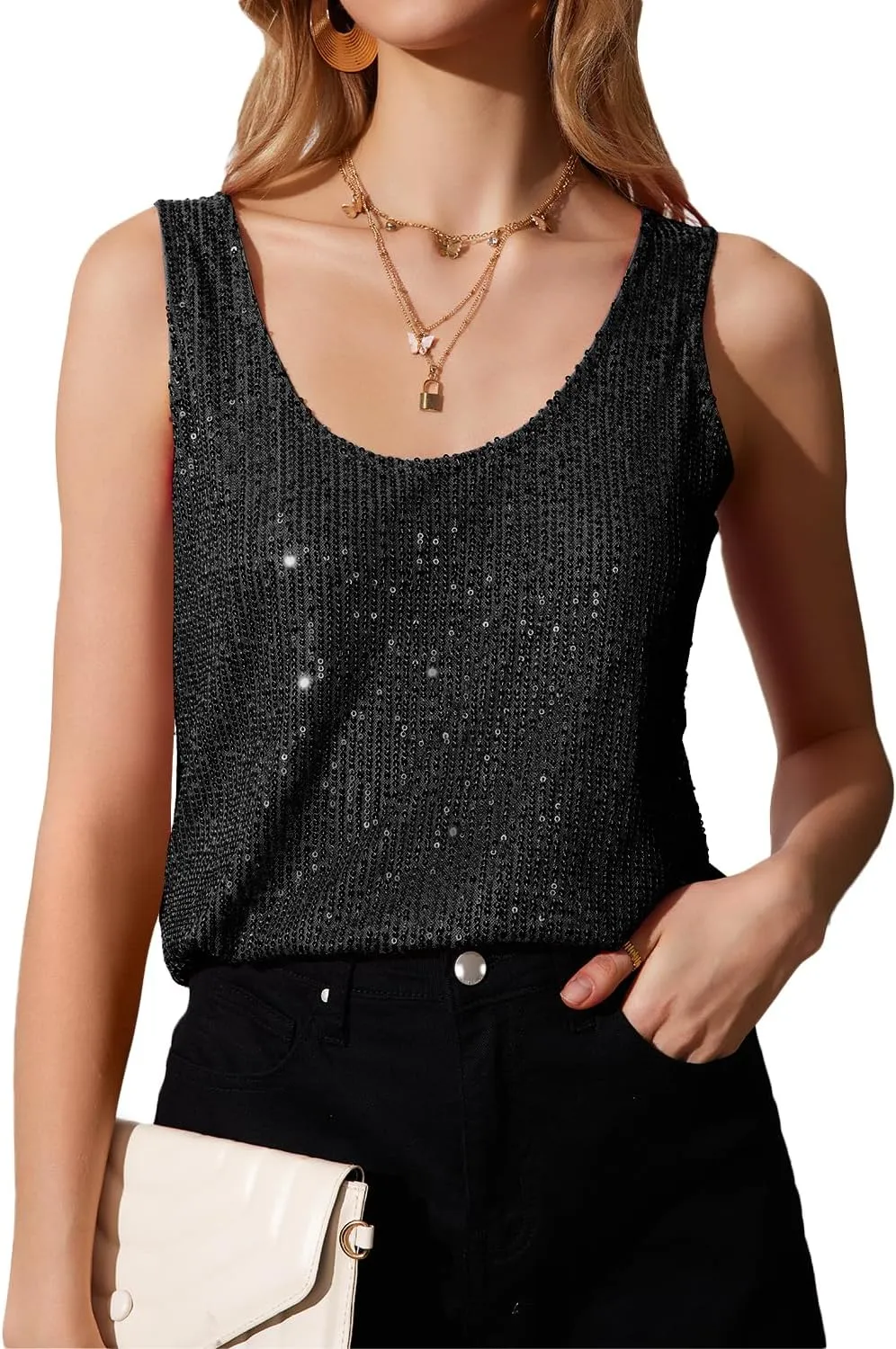 MLEBR Womens Summer Fashion Sequin Tops Scoop Neck Sequin Sparkle Shimmer Sleeveless Tanks Tops Blouses