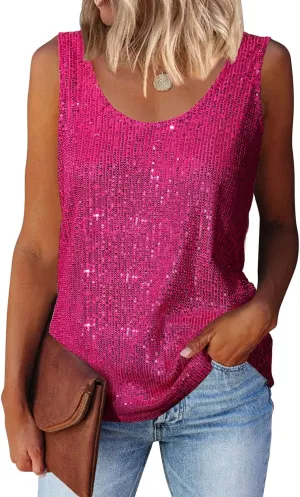 MLEBR Womens Summer Fashion Sequin Tops Scoop Neck Sequin Sparkle Shimmer Sleeveless Tanks Tops Blouses