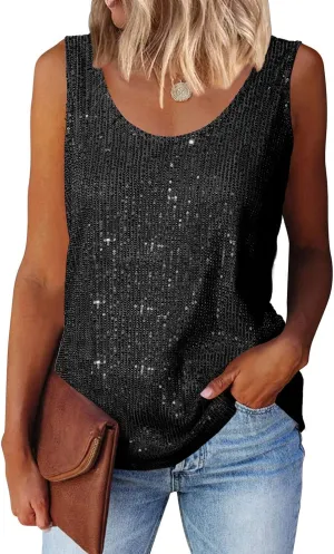 MLEBR Womens Summer Fashion Sequin Tops Scoop Neck Sequin Sparkle Shimmer Sleeveless Tanks Tops Blouses