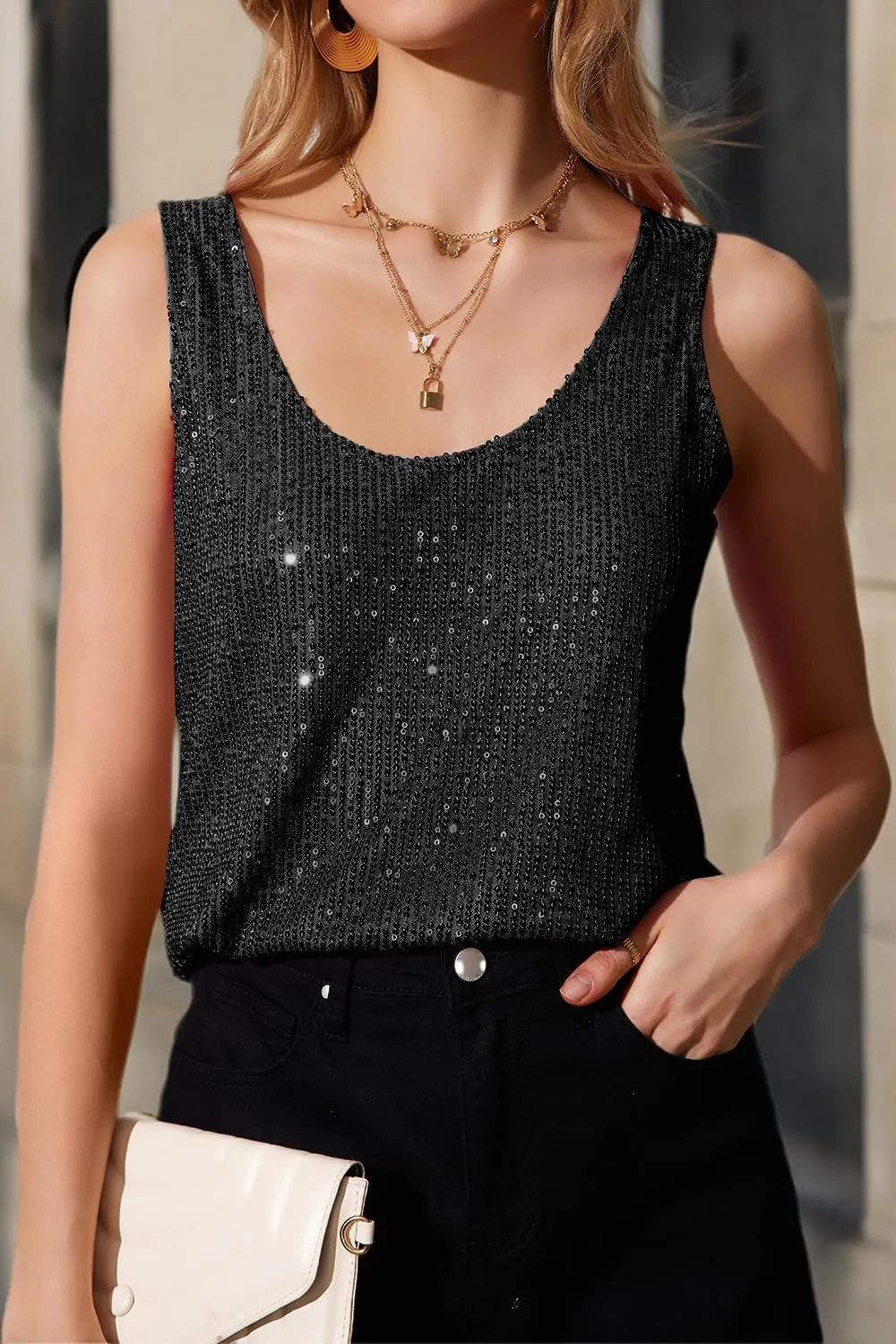 MLEBR Womens Summer Fashion Sequin Tops Scoop Neck Sequin Sparkle Shimmer Sleeveless Tanks Tops Blouses