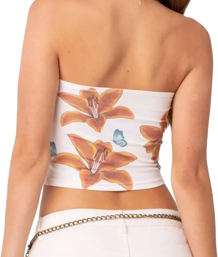 Muineobuka Women Y2k Floral Tube Tops Flower Print Strapless Sleeveless Bandeau Tops Summer Going Out Cropped Tube Tops
