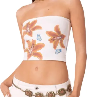 Muineobuka Women Y2k Floral Tube Tops Flower Print Strapless Sleeveless Bandeau Tops Summer Going Out Cropped Tube Tops