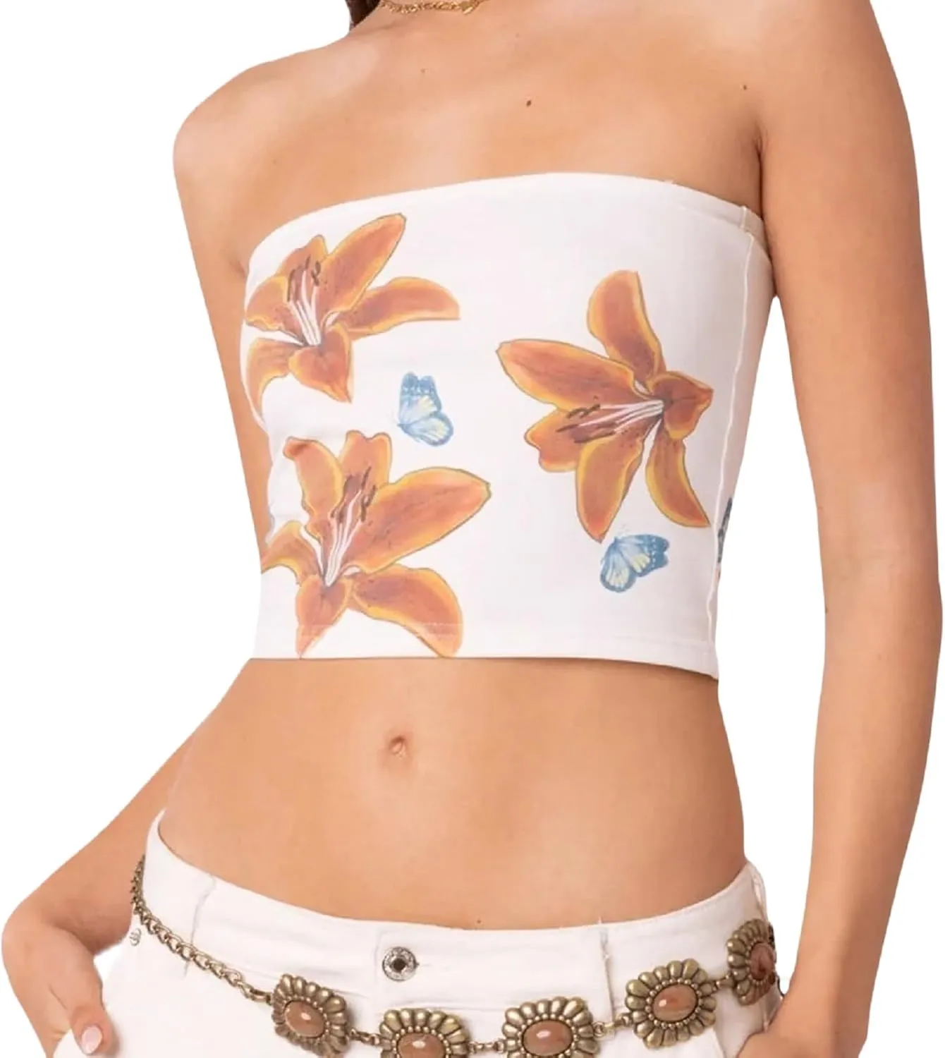 Muineobuka Women Y2k Floral Tube Tops Flower Print Strapless Sleeveless Bandeau Tops Summer Going Out Cropped Tube Tops