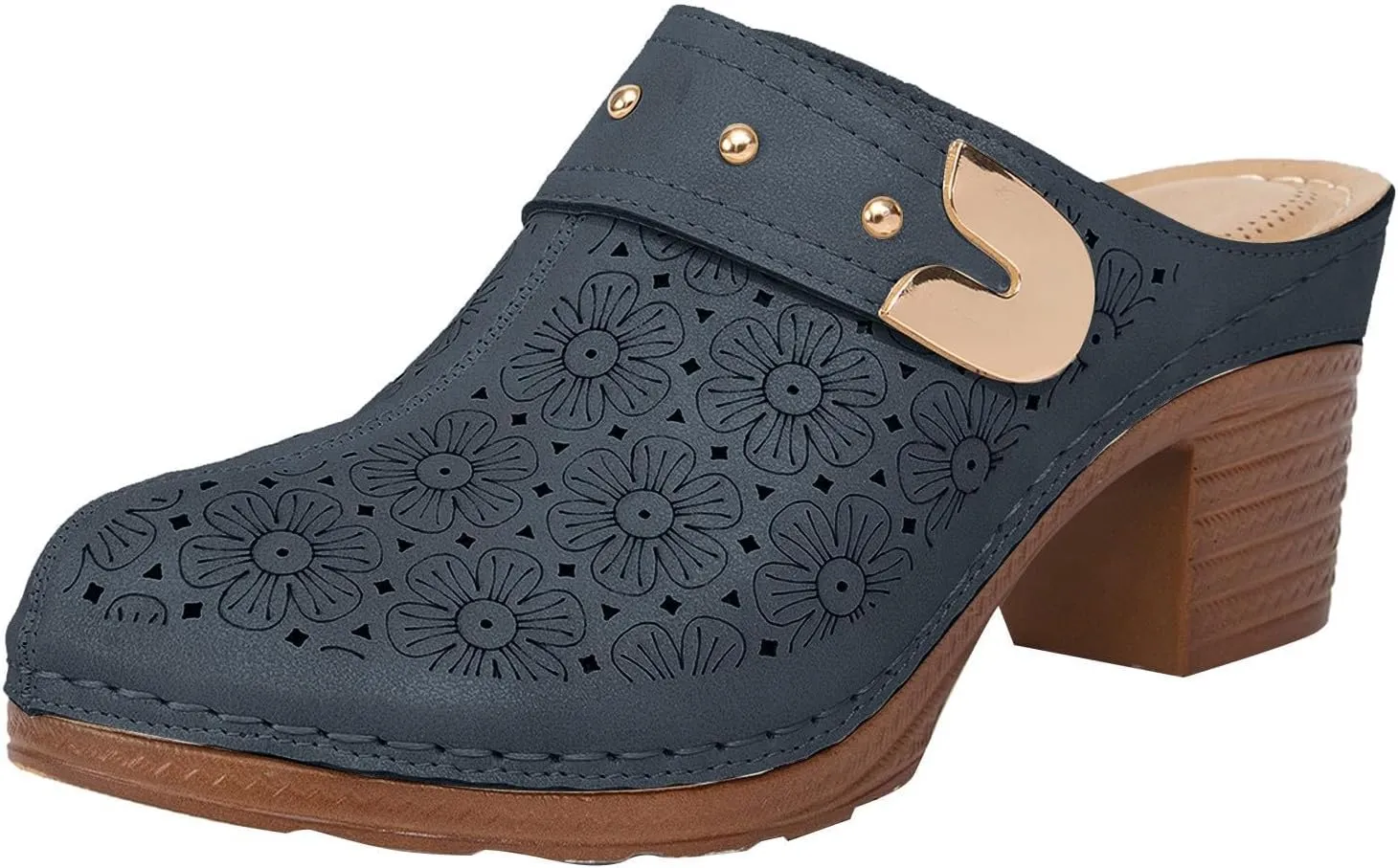 Mules for Women Closed Toe Chunky Heels Mules Hollow Retro Flower Pattern Summer Sandals Slip On Slides Loafer Shoes Metal Decoration Hollow Leather Vamp Slippers Casual Breathable Backless Sandals