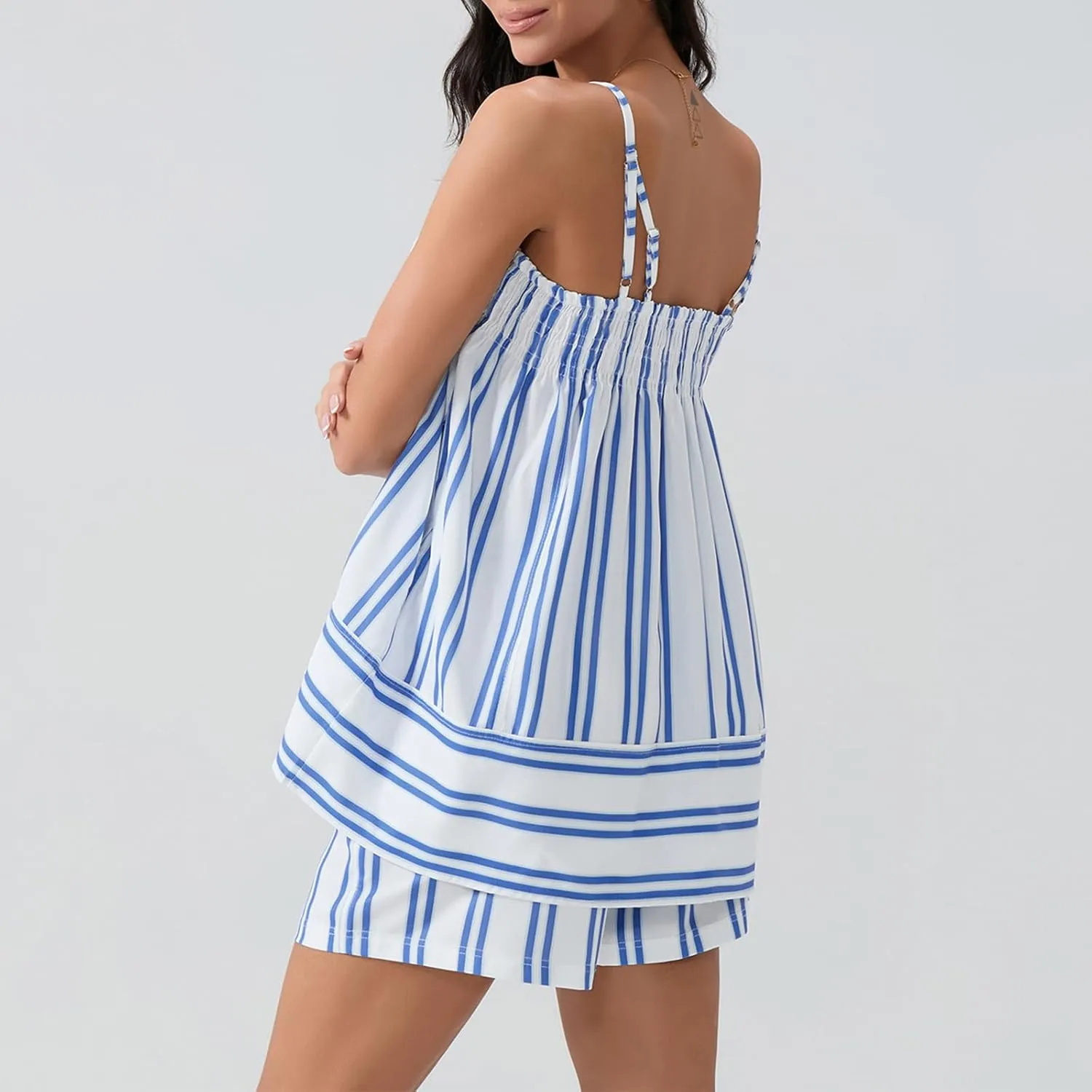 Mxiqqpltky Y2K Striped Pajama Set Women 2 Piece Ruffle Hem Pleated Cami Top & Wide Leg Shorts Pj Lounge Sets Comfy Sleepwear