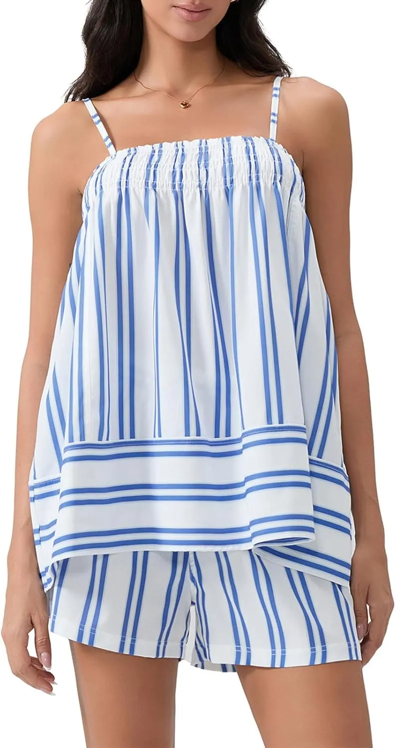 Mxiqqpltky Y2K Striped Pajama Set Women 2 Piece Ruffle Hem Pleated Cami Top & Wide Leg Shorts Pj Lounge Sets Comfy Sleepwear