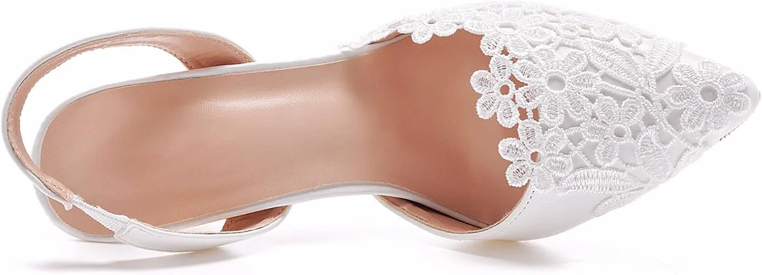MYFSPORTS 9Cm Stiletto Pointed Toe Sandals High Heels White Lace Wedding Sandals Plus Size Wedding Dress Shoes