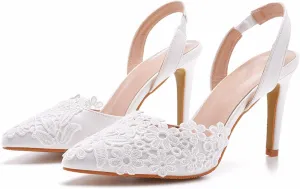 MYFSPORTS 9Cm Stiletto Pointed Toe Sandals High Heels White Lace Wedding Sandals Plus Size Wedding Dress Shoes