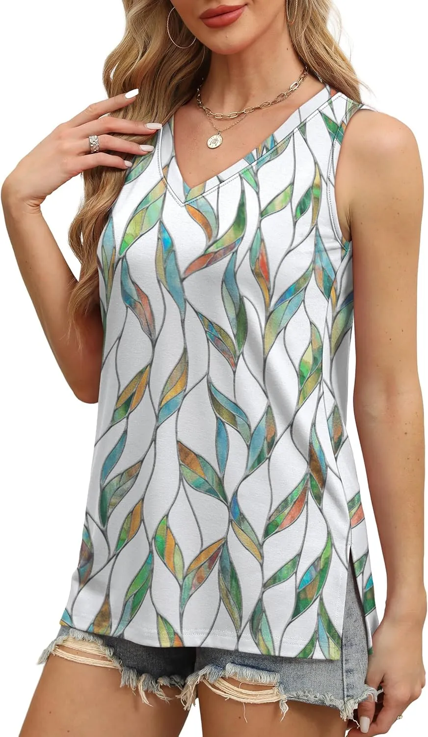 OFEEFAN Womens Tank Tops V Neck Loose Fit Basic Casual Summer Tops Side Split Sleeveless Shirts