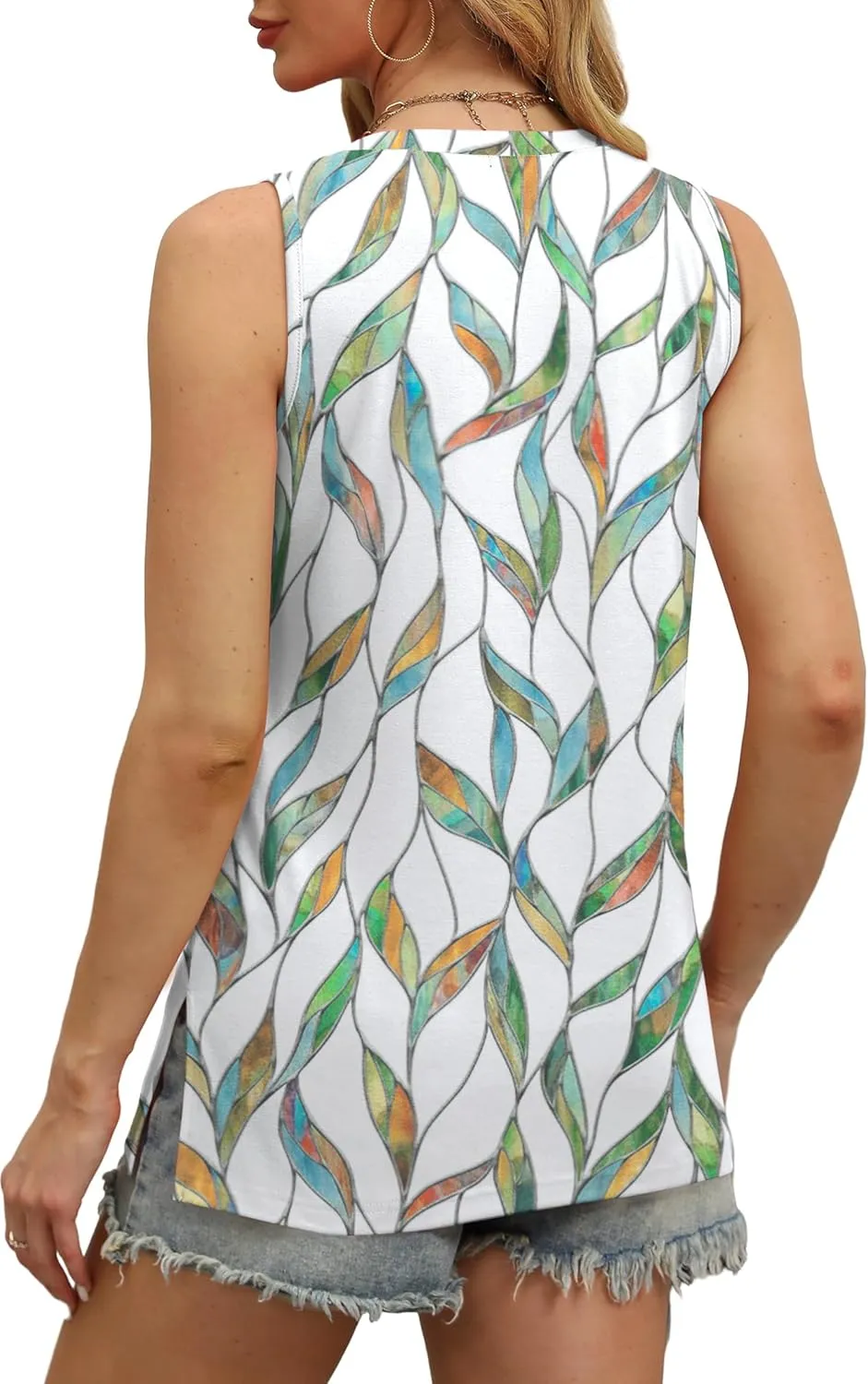 OFEEFAN Womens Tank Tops V Neck Loose Fit Basic Casual Summer Tops Side Split Sleeveless Shirts