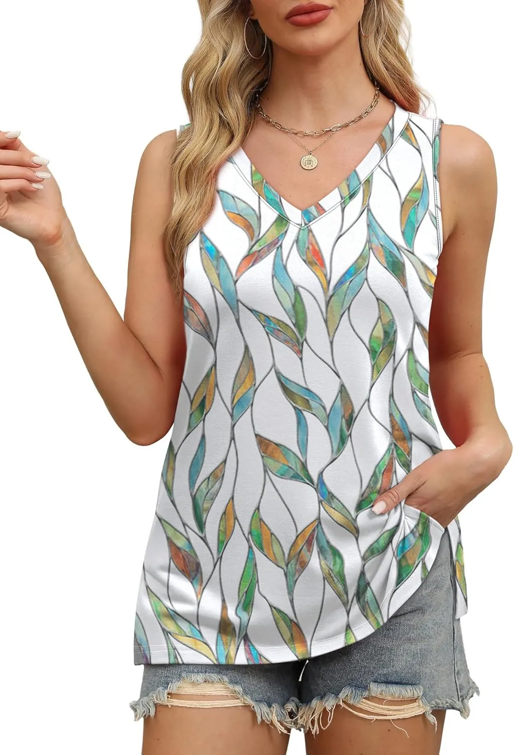 OFEEFAN Womens Tank Tops V Neck Loose Fit Basic Casual Summer Tops Side Split Sleeveless Shirts