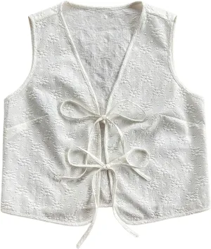 OYOANGLE Women's Textured Bow Tie Front Vest Sleeveless Cute Tops V Neck Summer Tank Tops