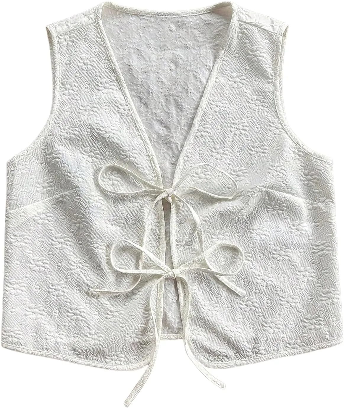 OYOANGLE Women's Textured Bow Tie Front Vest Sleeveless Cute Tops V Neck Summer Tank Tops