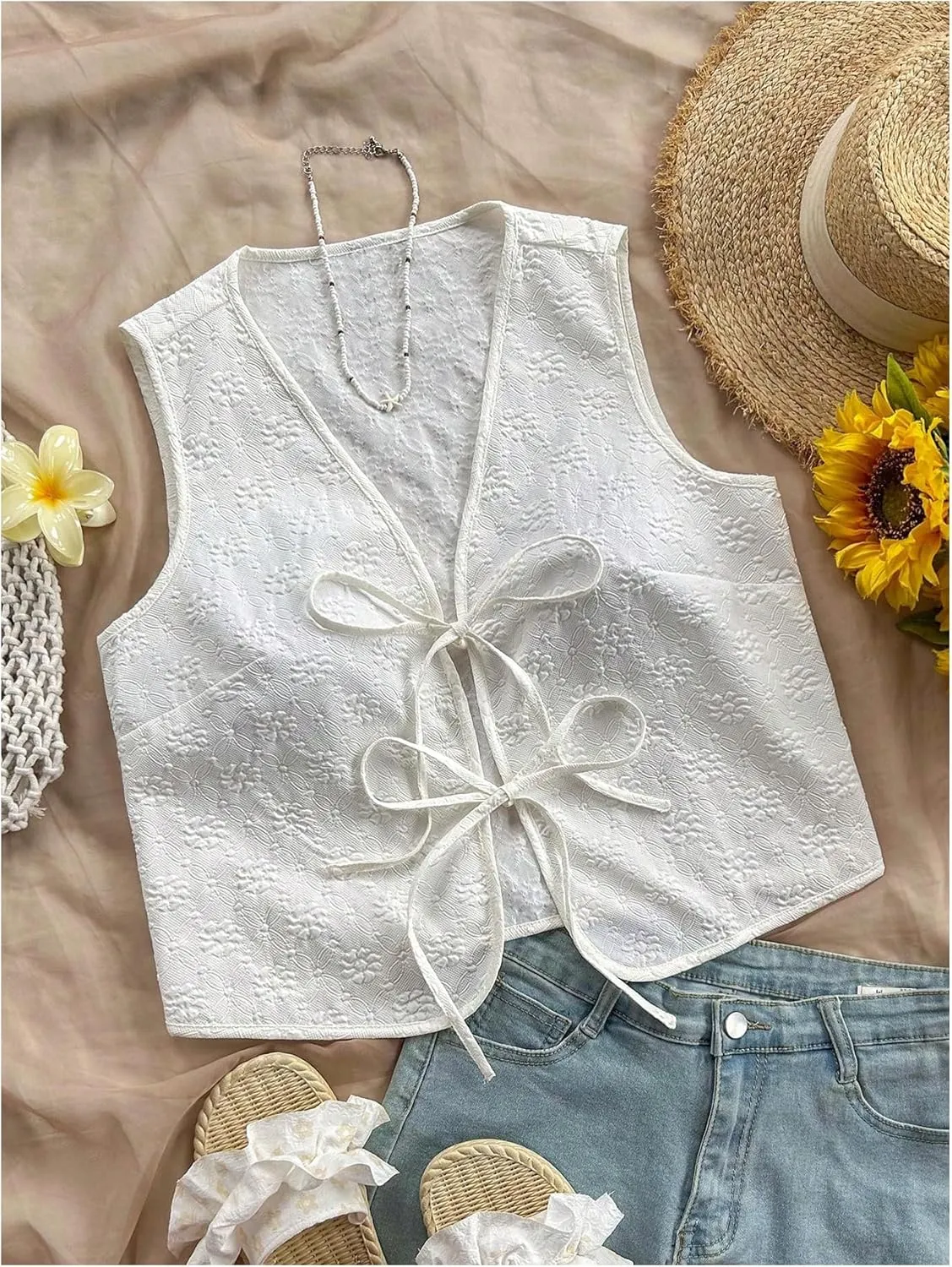 OYOANGLE Women's Textured Bow Tie Front Vest Sleeveless Cute Tops V Neck Summer Tank Tops