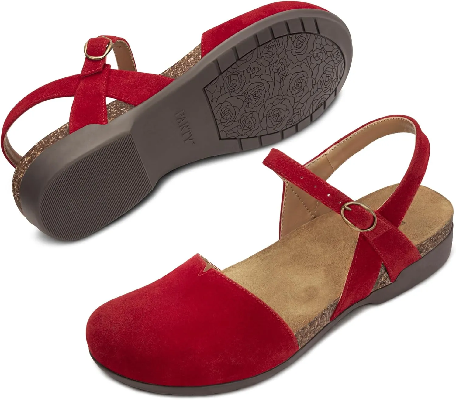 PARTY Closed Toe Sandals Women, Barefoot Arch Support Flat Sandals for Office Work and Travel with Comfortable Cork Footbed