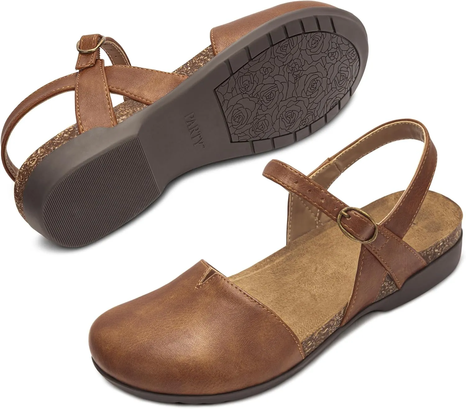 PARTY Closed Toe Sandals Women, Barefoot Arch Support Flat Sandals for Office Work and Travel with Comfortable Cork Footbed