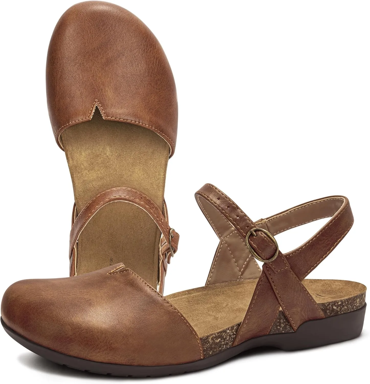 PARTY Closed Toe Sandals Women, Barefoot Arch Support Flat Sandals for Office Work and Travel with Comfortable Cork Footbed