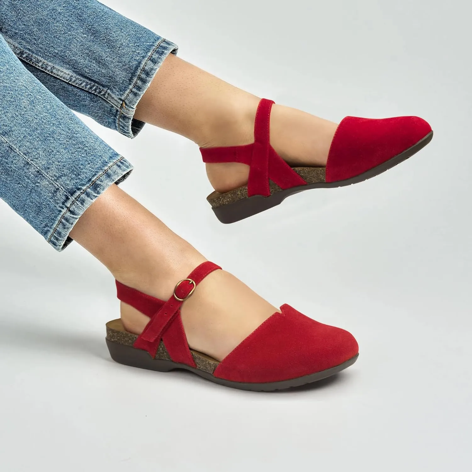PARTY Closed Toe Sandals Women, Barefoot Arch Support Flat Sandals for Office Work and Travel with Comfortable Cork Footbed