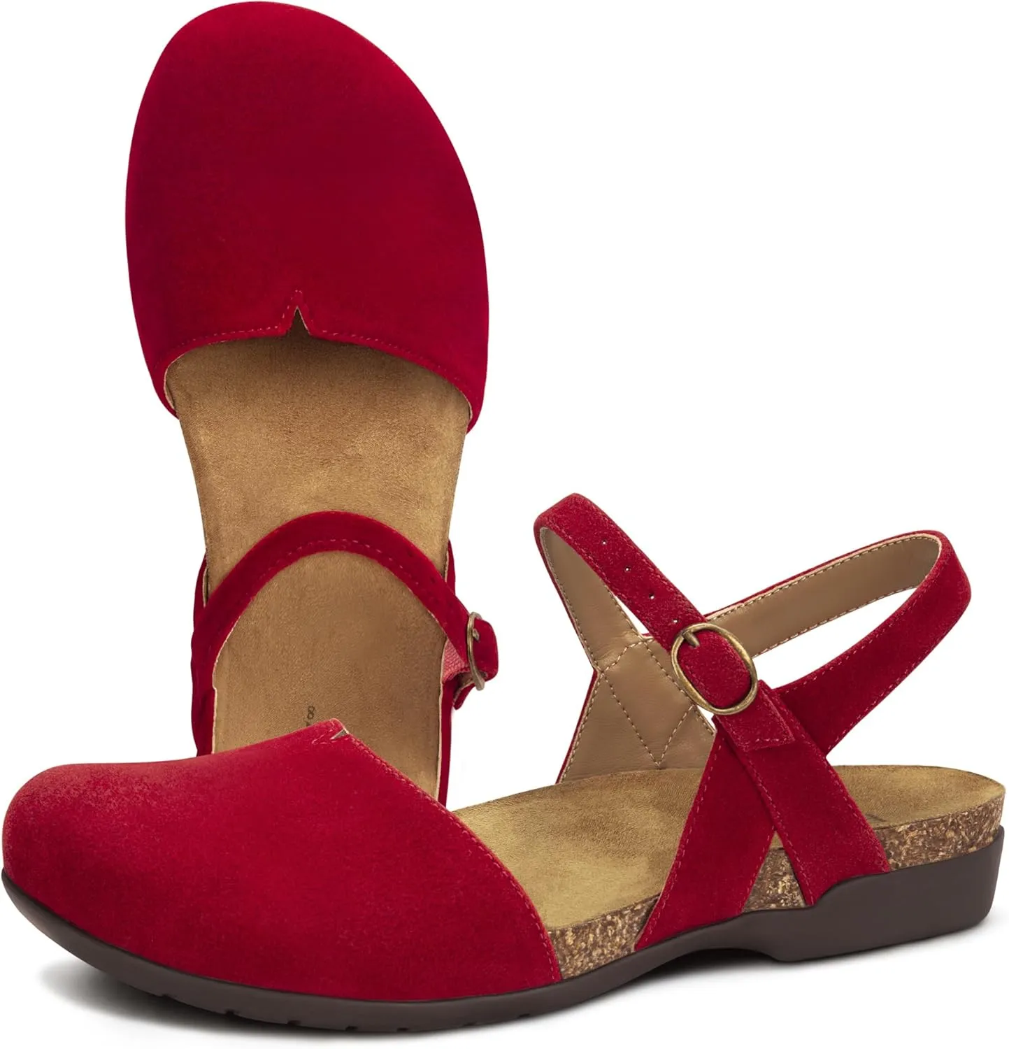 PARTY Closed Toe Sandals Women, Barefoot Arch Support Flat Sandals for Office Work and Travel with Comfortable Cork Footbed
