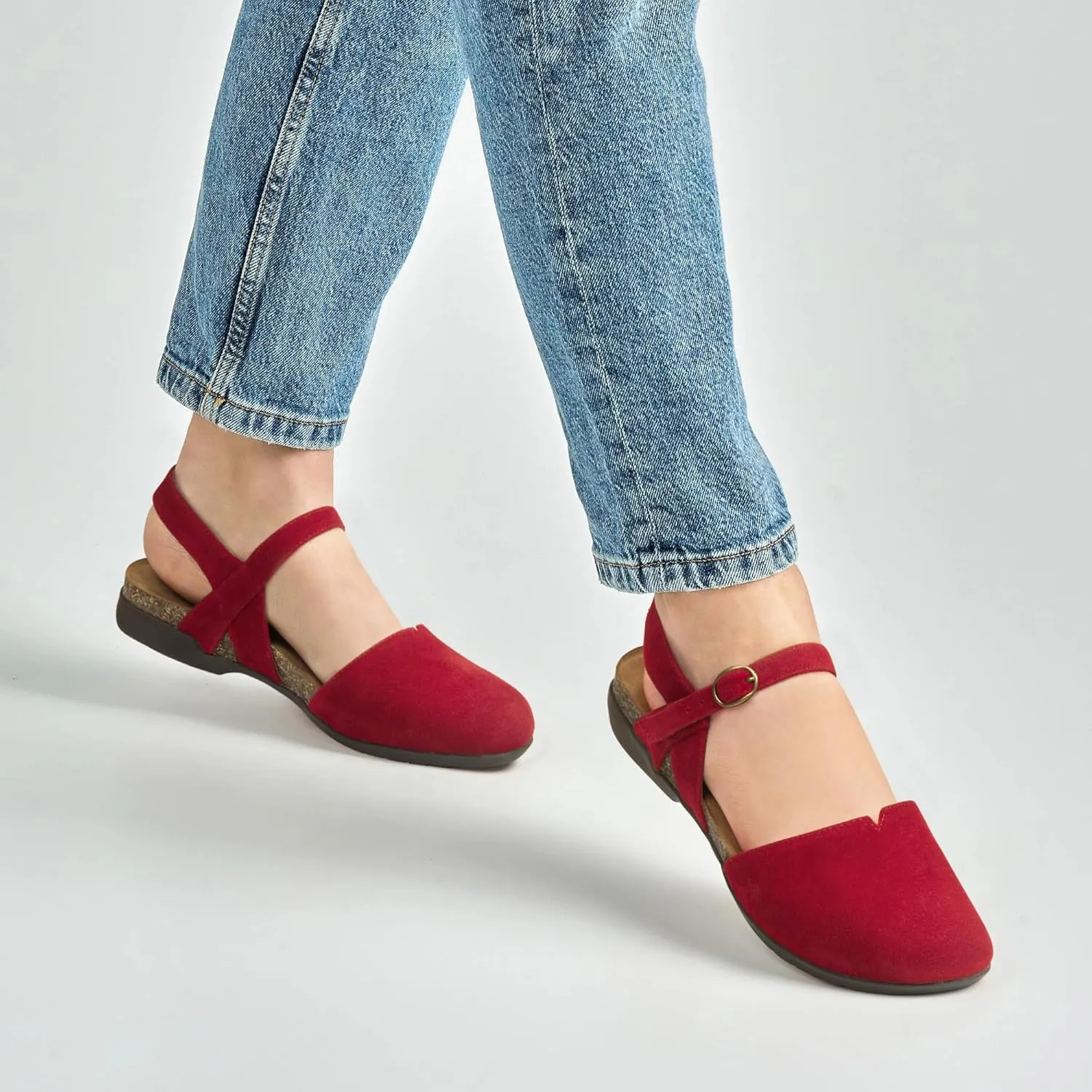 PARTY Closed Toe Sandals Women, Barefoot Arch Support Flat Sandals for Office Work and Travel with Comfortable Cork Footbed