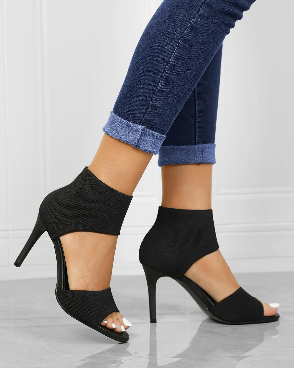 Peep Toe Heels for Women Sexy 3 Inches Stiletto High Heels for Women Dressy Slip On Comfortable Wide Stretchy Heels Knit Open Toe Booties Sandals Black Heels Sandals for Prom, Party and Work