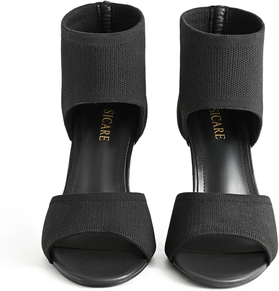 Peep Toe Heels for Women Sexy 3 Inches Stiletto High Heels for Women Dressy Slip On Comfortable Wide Stretchy Heels Knit Open Toe Booties Sandals Black Heels Sandals for Prom, Party and Work