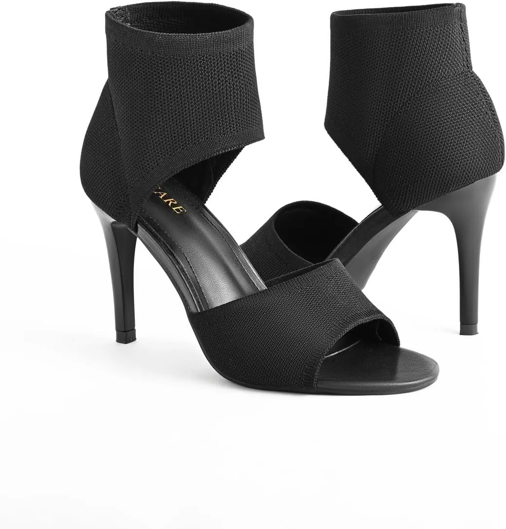 Peep Toe Heels for Women Sexy 3 Inches Stiletto High Heels for Women Dressy Slip On Comfortable Wide Stretchy Heels Knit Open Toe Booties Sandals Black Heels Sandals for Prom, Party and Work