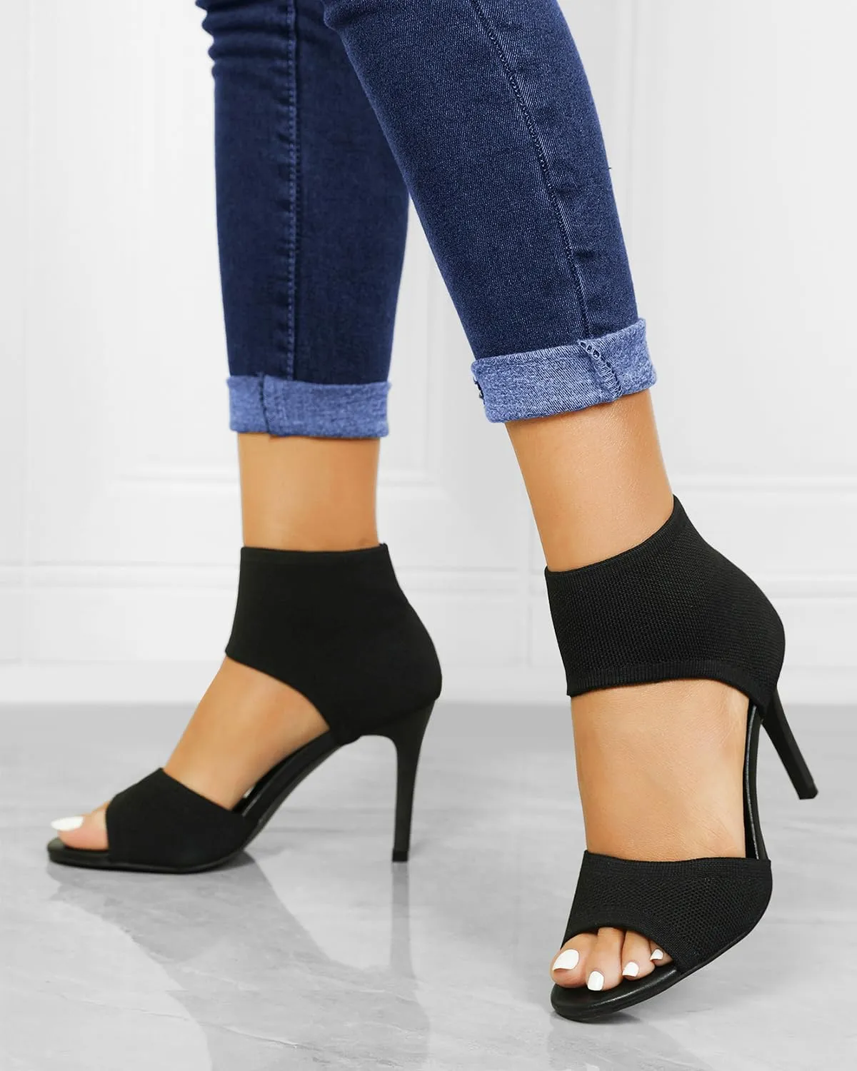 Peep Toe Heels for Women Sexy 3 Inches Stiletto High Heels for Women Dressy Slip On Comfortable Wide Stretchy Heels Knit Open Toe Booties Sandals Black Heels Sandals for Prom, Party and Work