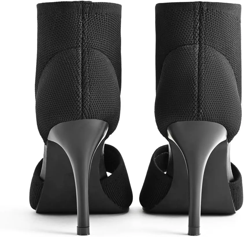 Peep Toe Heels for Women Sexy 3 Inches Stiletto High Heels for Women Dressy Slip On Comfortable Wide Stretchy Heels Knit Open Toe Booties Sandals Black Heels Sandals for Prom, Party and Work