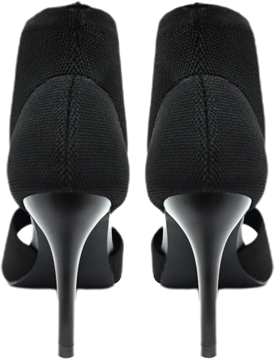 Peep Toe Heels for Women Sexy 3 Inches Stiletto High Heels for Women Dressy Slip On Comfortable Wide Stretchy Heels Knit Open Toe Booties Sandals Black Heels Sandals for Prom, Party and Work