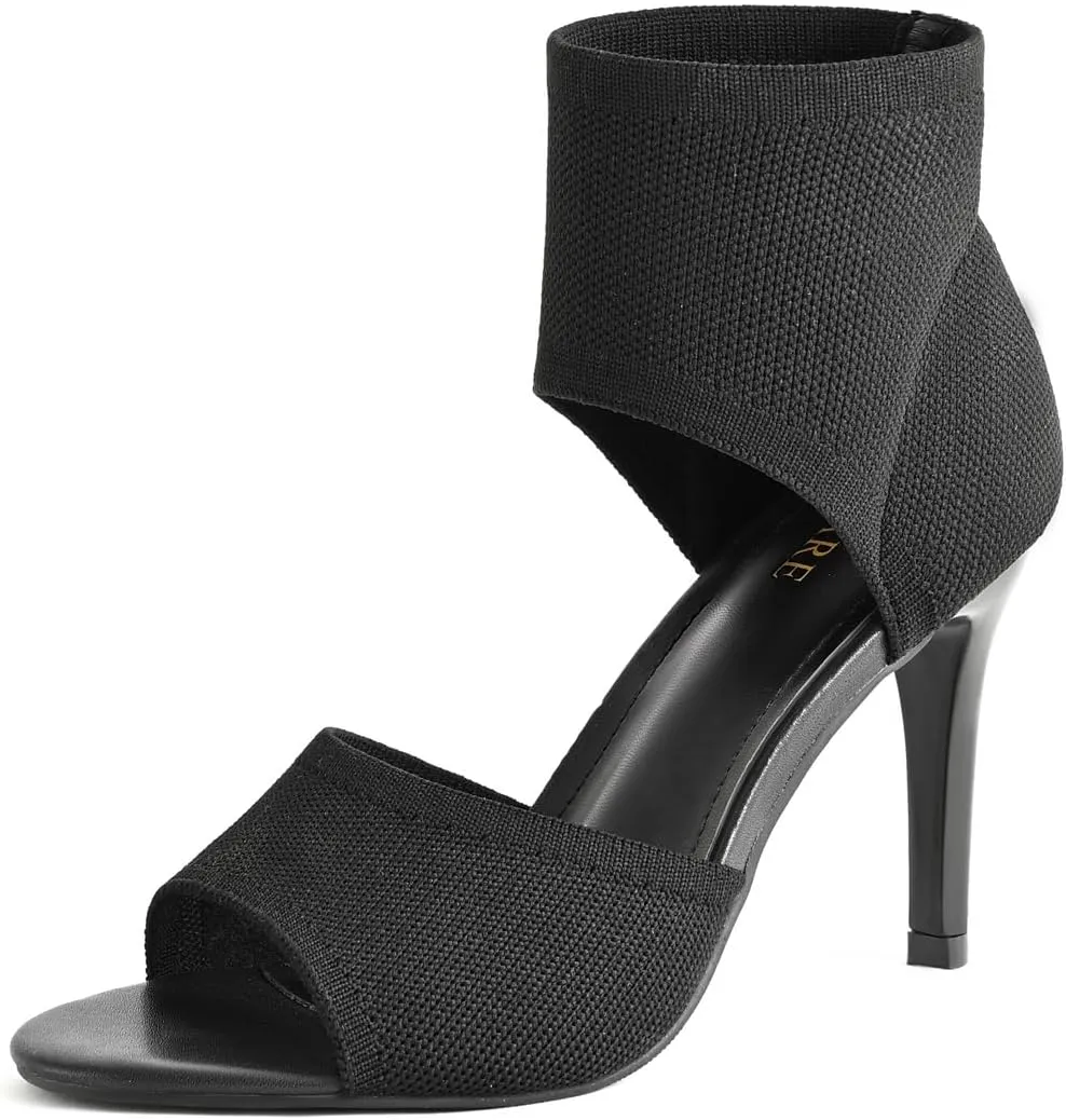Peep Toe Heels for Women Sexy 3 Inches Stiletto High Heels for Women Dressy Slip On Comfortable Wide Stretchy Heels Knit Open Toe Booties Sandals Black Heels Sandals for Prom, Party and Work
