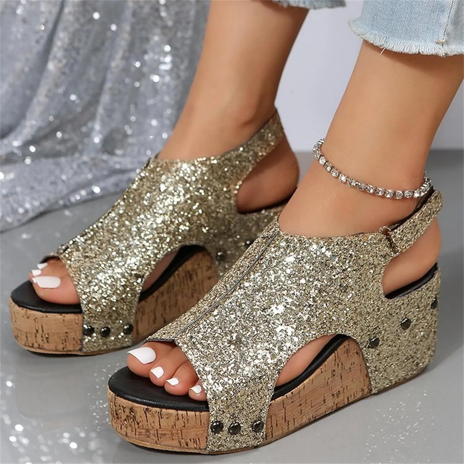 Platform Sandals Women Dressy Comfy Open Toe Slip on Elastic Ankle Strap Wedges Sandals Sparkly Glitter Summer Dress Shoes