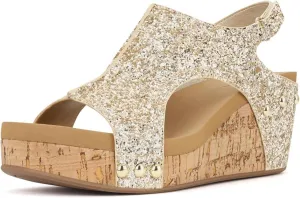 Platform Sandals Women Dressy Comfy Open Toe Slip on Elastic Ankle Strap Wedges Sandals Sparkly Glitter Summer Dress Shoes