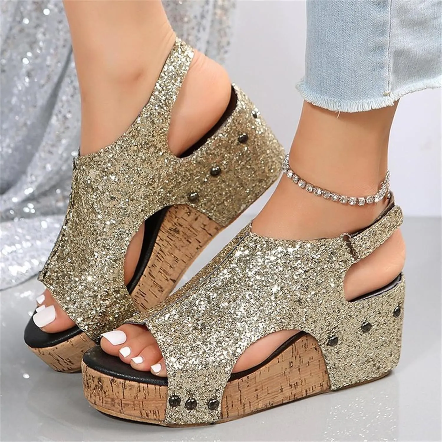 Platform Sandals Women Dressy Comfy Open Toe Slip on Elastic Ankle Strap Wedges Sandals Sparkly Glitter Summer Dress Shoes