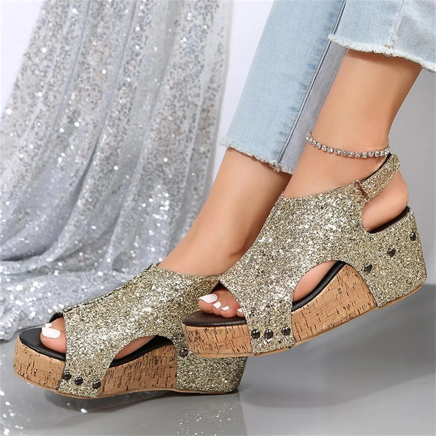 Platform Sandals Women Dressy Comfy Open Toe Slip on Elastic Ankle Strap Wedges Sandals Sparkly Glitter Summer Dress Shoes