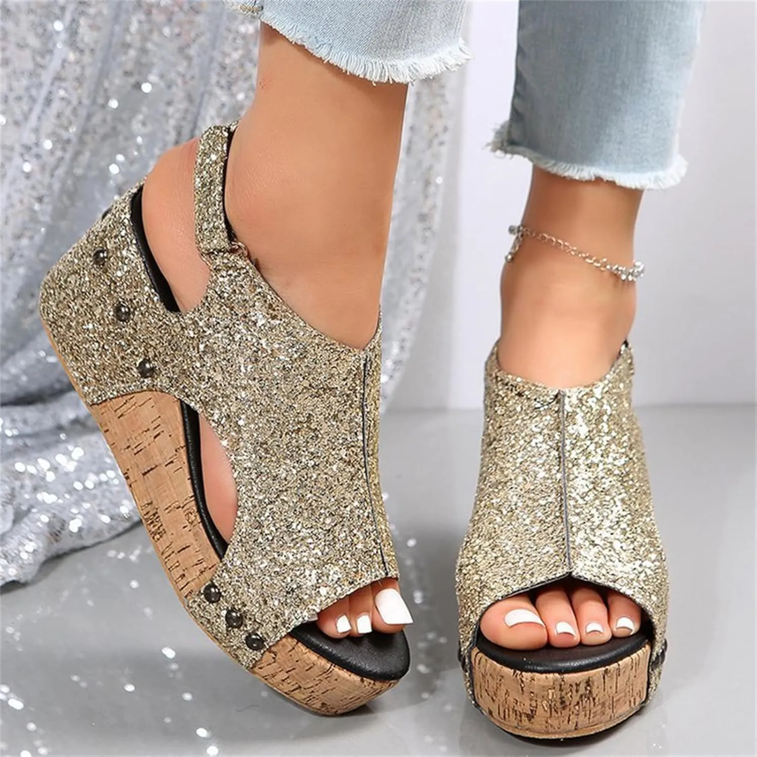 Platform Sandals Women Dressy Comfy Open Toe Slip on Elastic Ankle Strap Wedges Sandals Sparkly Glitter Summer Dress Shoes