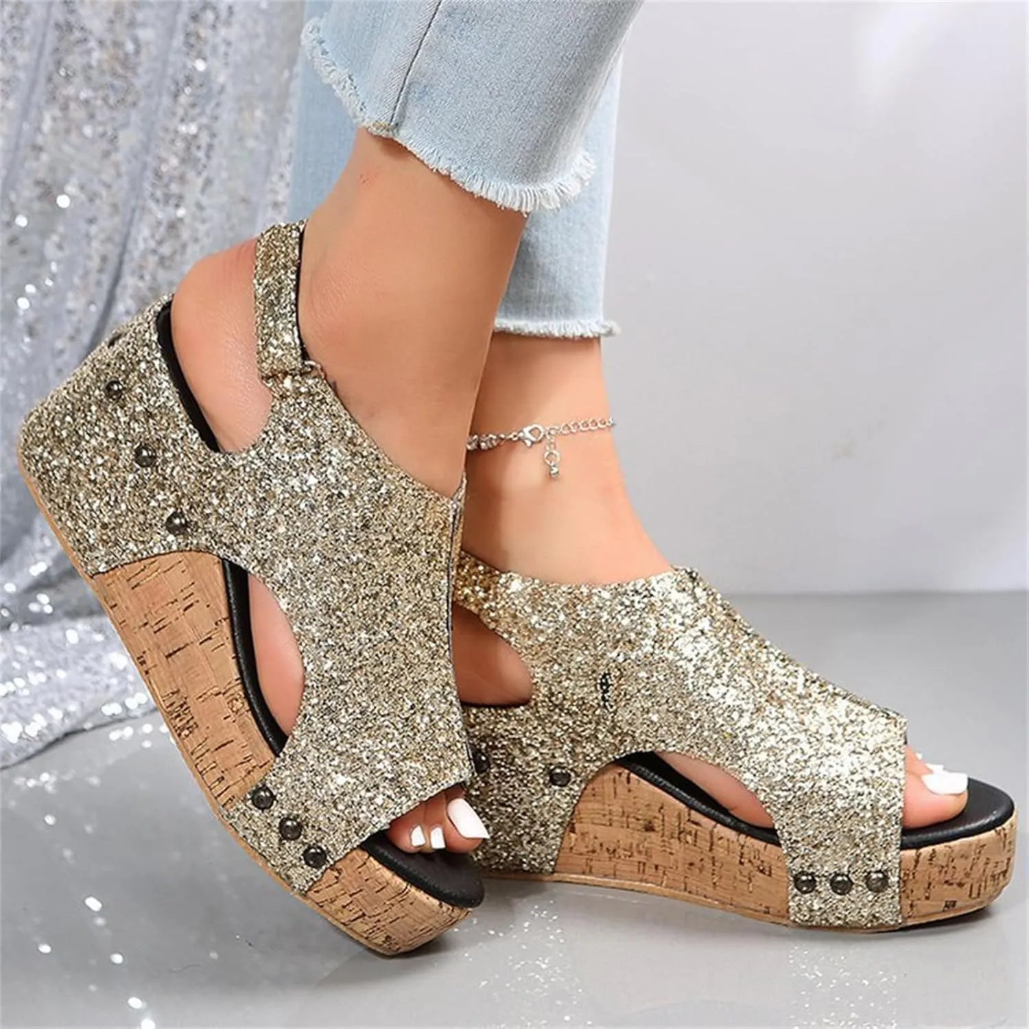 Platform Sandals Women Dressy Comfy Open Toe Slip on Elastic Ankle Strap Wedges Sandals Sparkly Glitter Summer Dress Shoes