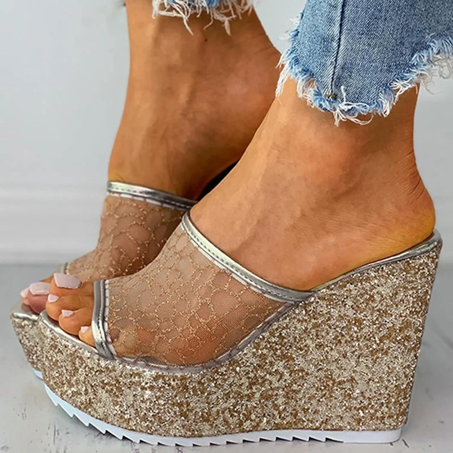 Platform Sandals Women Glitter Platform Wedge Heels Lace Slide Wedge Sandals Travel Dressy Slippers Walking Shoes