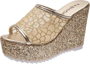 Platform Sandals Women Glitter Platform Wedge Heels Lace Slide Wedge Sandals Travel Dressy Slippers Walking Shoes