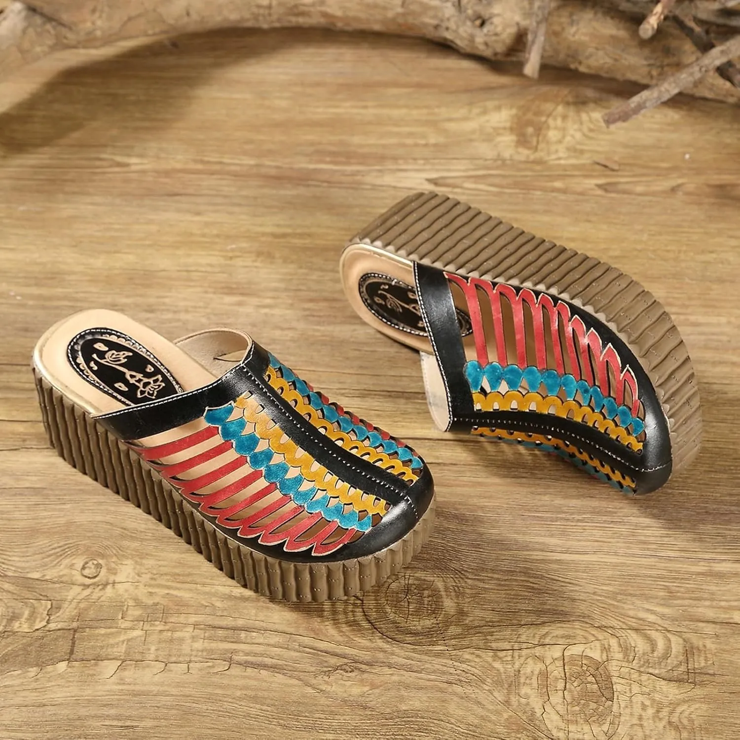 Platform Wedge Sandals for Women, 2Inch Heel Closed Toe Wedge Sandals, 2025 New Ethnic Style Mesh Casual Slip-on Walking Sandals Leather Water Shoes