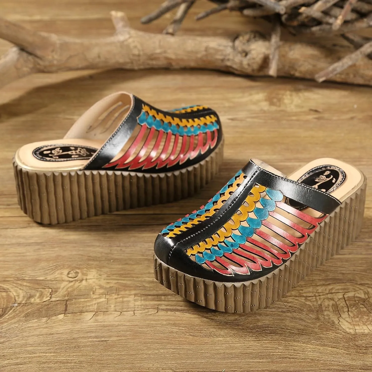 Platform Wedge Sandals for Women, 2Inch Heel Closed Toe Wedge Sandals, 2025 New Ethnic Style Mesh Casual Slip-on Walking Sandals Leather Water Shoes