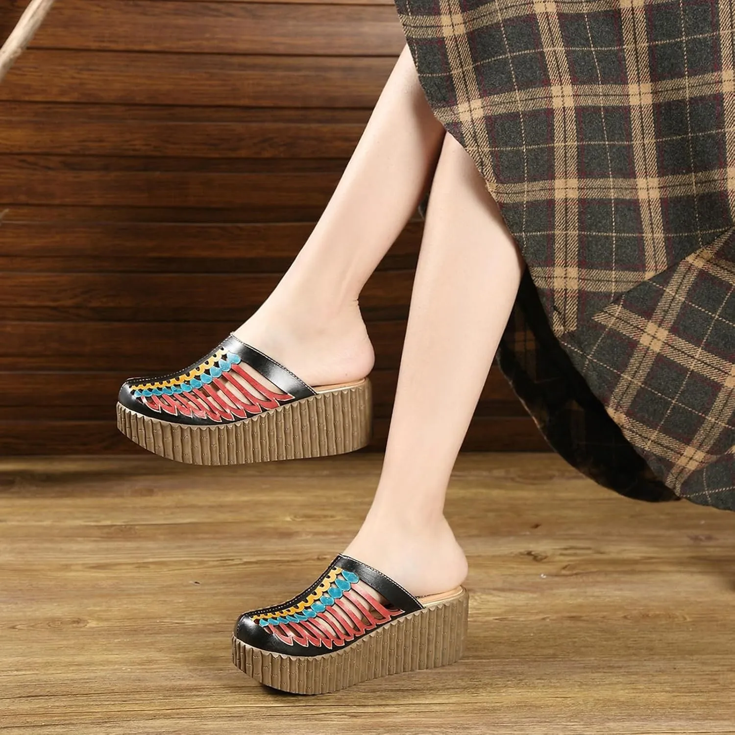 Platform Wedge Sandals for Women, 2Inch Heel Closed Toe Wedge Sandals, 2025 New Ethnic Style Mesh Casual Slip-on Walking Sandals Leather Water Shoes