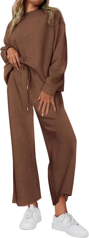 PRETTYGARDEN Women's 2 Piece Outfits Casual Long Sleeve Pullover Tops and Wide Leg Pants Knitted Lounge Sets
