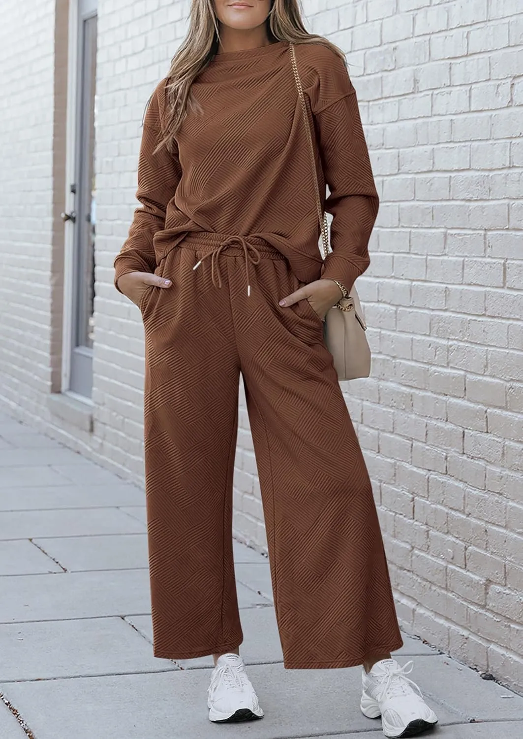 PRETTYGARDEN Women's 2 Piece Outfits Casual Long Sleeve Pullover Tops and Wide Leg Pants Knitted Lounge Sets