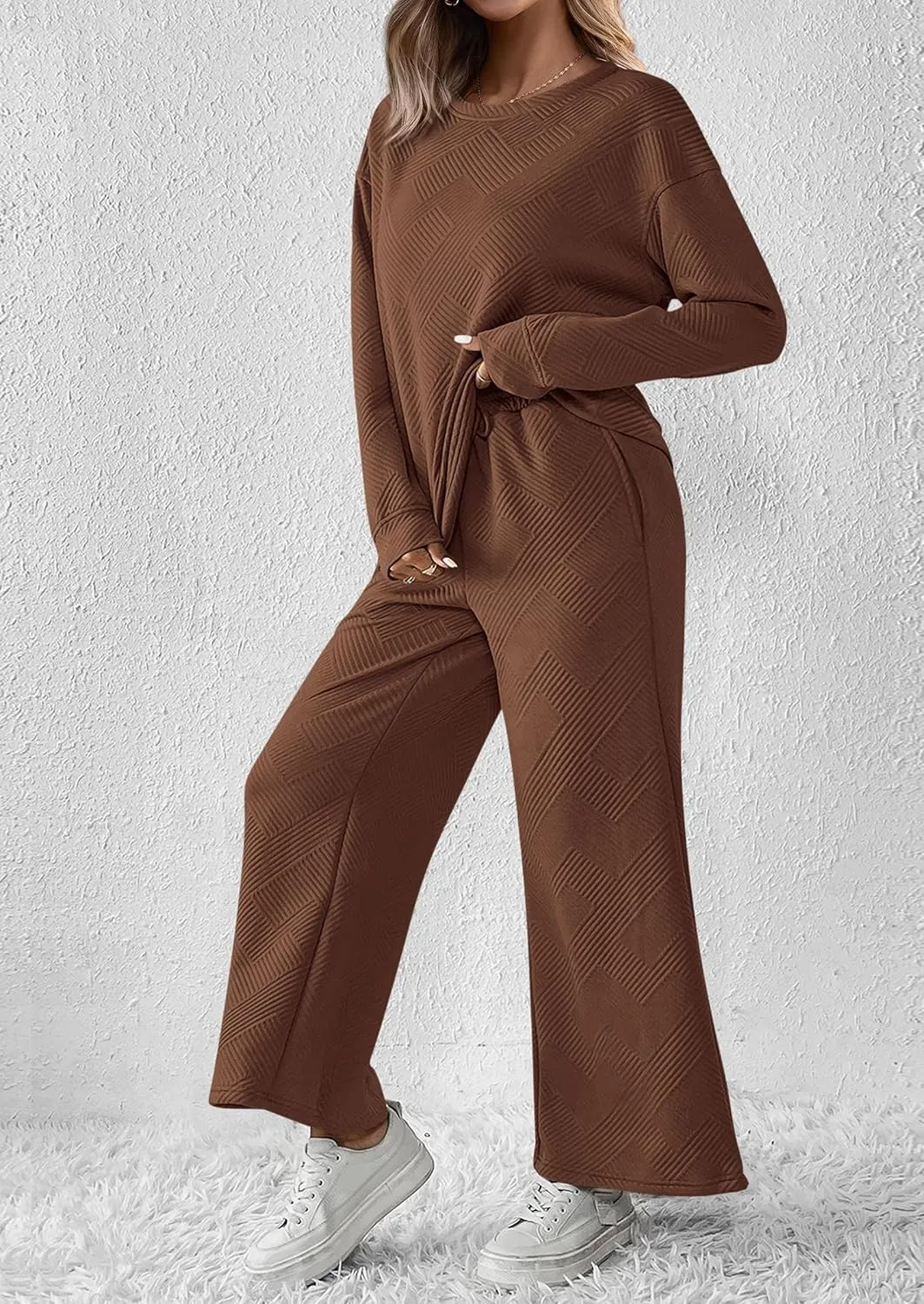 PRETTYGARDEN Women's 2 Piece Outfits Casual Long Sleeve Pullover Tops and Wide Leg Pants Knitted Lounge Sets