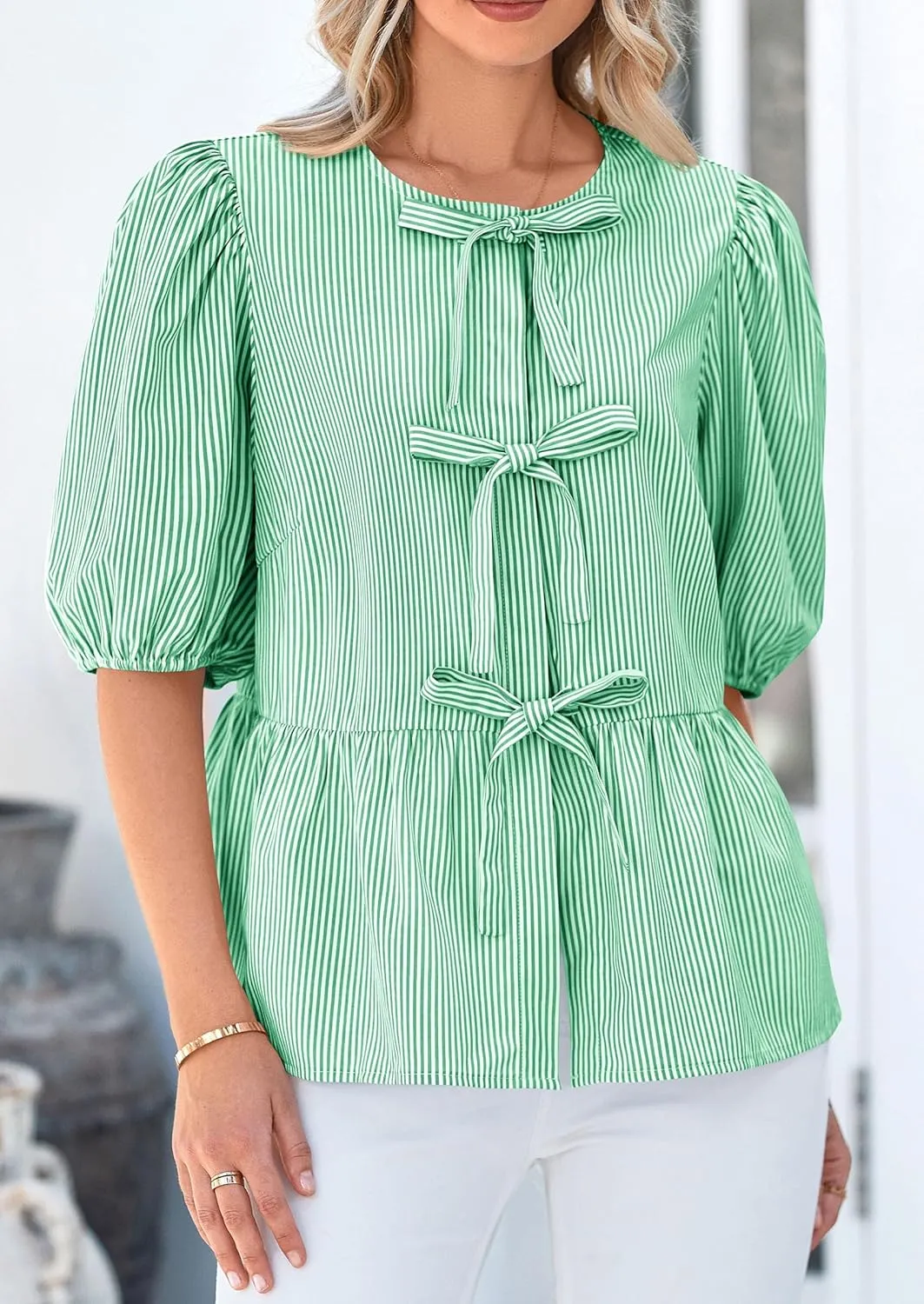 PRETTYGARDEN Women's Summer Tie Front Striped Shirt 2025 Trendy Cute Babydoll Tops Fashion Peplum Puffy Sleeve Blouse