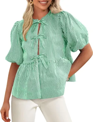 PRETTYGARDEN Women's Summer Tie Front Striped Shirt 2025 Trendy Cute Babydoll Tops Fashion Peplum Puffy Sleeve Blouse