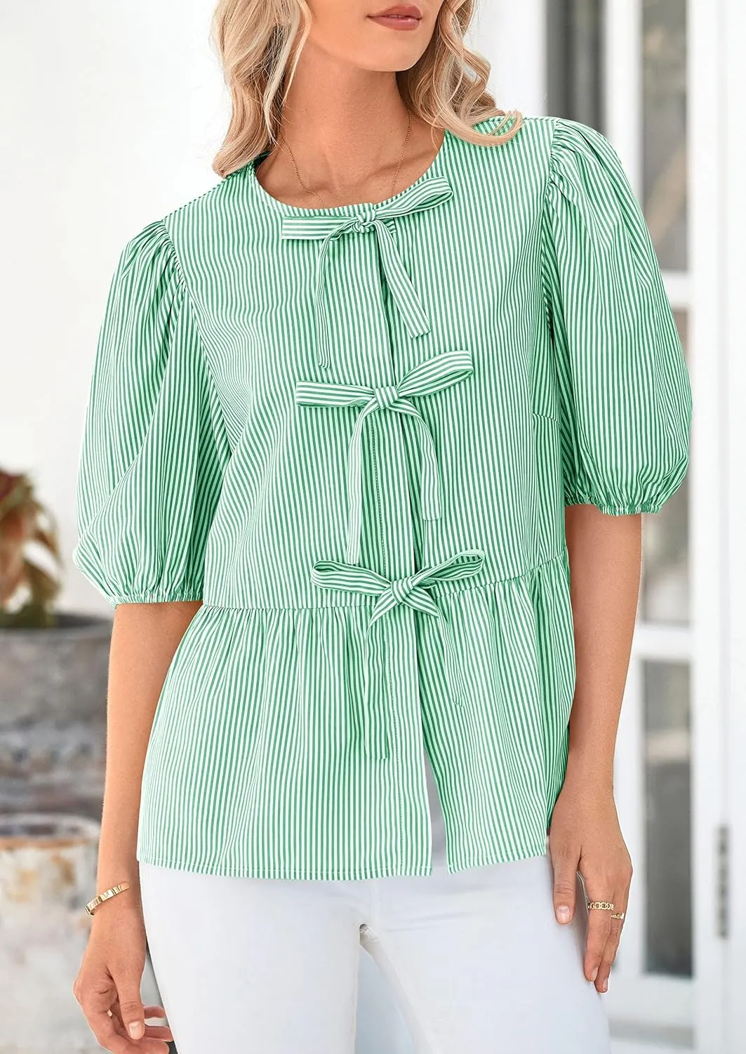 PRETTYGARDEN Women's Summer Tie Front Striped Shirt 2025 Trendy Cute Babydoll Tops Fashion Peplum Puffy Sleeve Blouse